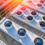 Aerial view of HVAC systems on the roof of a commercial building